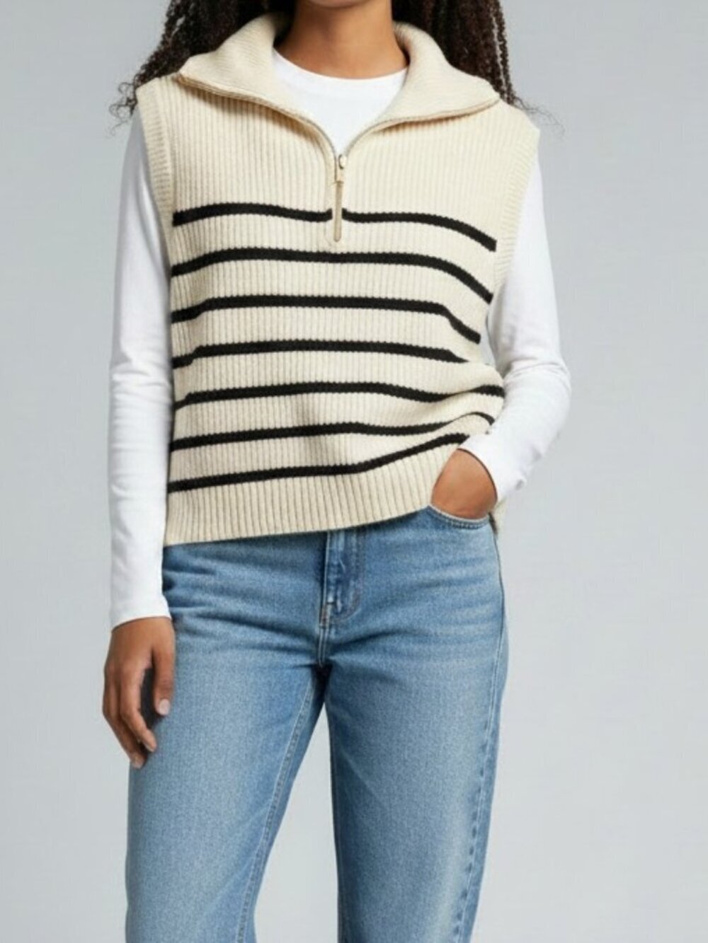 CYNTHIA ROWLEY ACTIVE women's black and white striped sweater vest zip collar